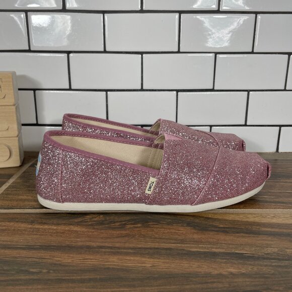 Toms Classic Womens Size 5.5 Shoes Rose Glow Iridescent Glitter Slip On Flats - Picture 3 of 13